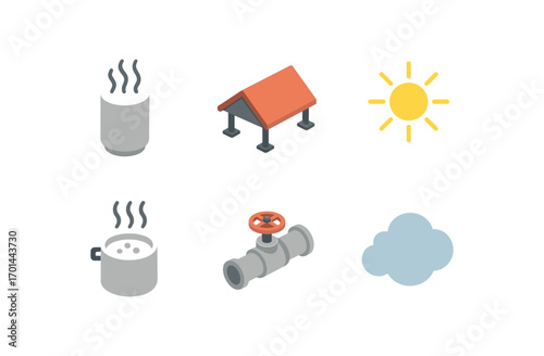 isometric icon items isolated on white background thermal steam drum roof mount sunlight icon boiling line valve pipe cloud puff