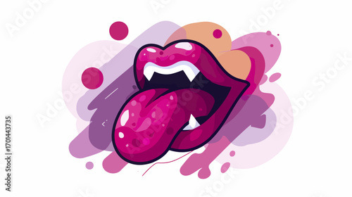 Vibrant pink lips with tongue and vampire teeth