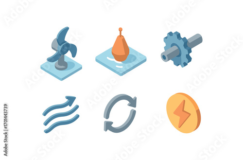 isometric icon items isolated on white background ocean spin rotor buoy mount gear shaft water current rotation line energy icon