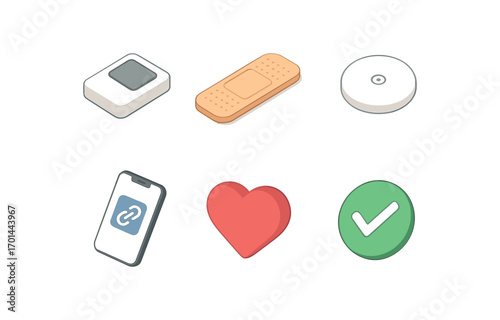 isometric icon items isolated on white background health patch reader adhesive strip smart sensor app heart icon check