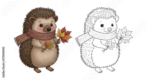 Cute Hedgehog with a Scarf and Autumn Leaves Coloring Sheet Kids Fall Animal Art