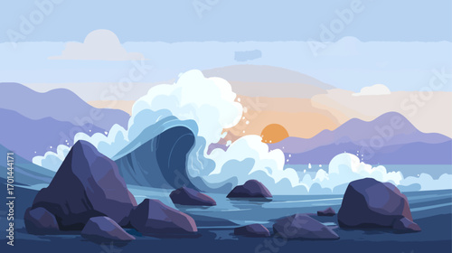 Wave illustration with rocks and mountains