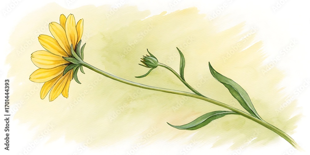 Fototapeta premium Watercolor illustration of a single yellow daisy flower with a bud, isolated on a soft yellow watercolor background.