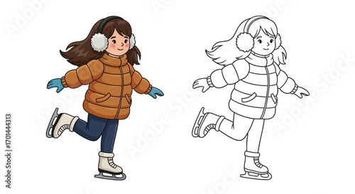 Happy Ice Skating Girl Coloring Page Kids Winter Sport and Seasonal Recreation Activity