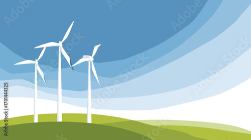 Wind turbines on green landscape illustration renewable energy