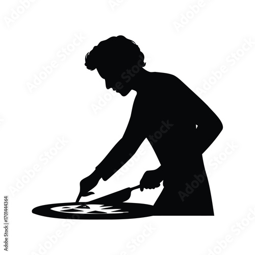 Silhouette of a chocolatier preparing a dessert, meticulously placing ingredients with care, person cutting pizza silhouette vector illustration