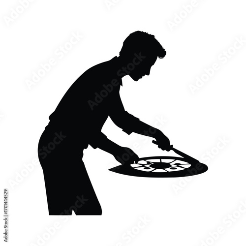Silhouette of a person slicing a pizza with a pizza cutter tool, person cutting pizza silhouette vector illustration