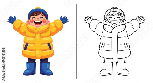 Happy Child in Puffy Coat Winter Time Coloring Page Fun Outdoor Cold Weather Activity