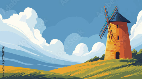 Windmill on a hillside landscape illustration with clouds and blue sky