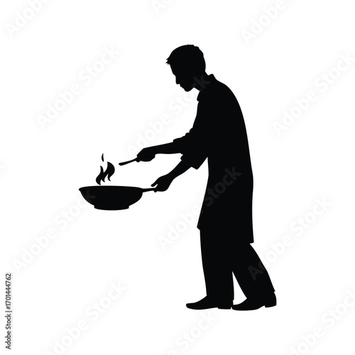 Silhouette of chef stirring ingredients in wok with flames bursting upwards, person frying food silhouette vector illustration