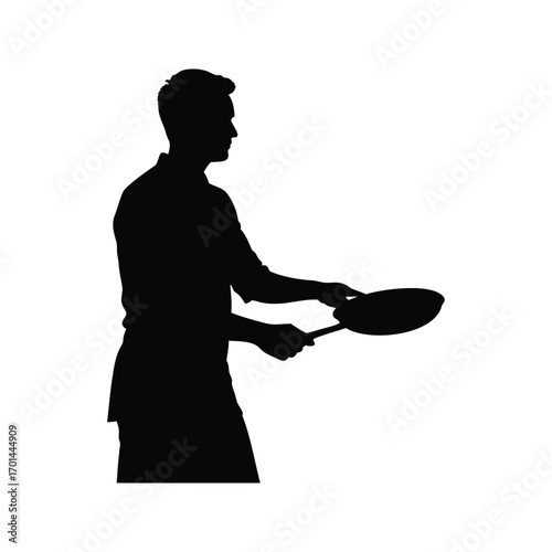 Chef silhouette skillfully cooking in a pan with professional technique shown, person holding frying pan silhouette vector illustration