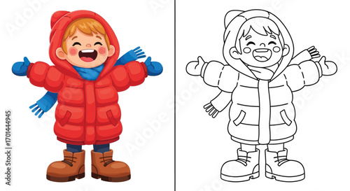 Laughing Child in a Puffy Coat Coloring Page Fun Winter Season Outdoor Play Activity