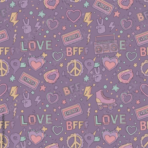 Adorable retro style seamless pattern design featuring hearts, peace signs, and cassettes, patern seamless, royalty stock.