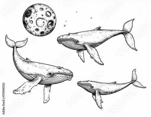 Three Whales Swimming near Moon in Black and White Line Art on White Background
