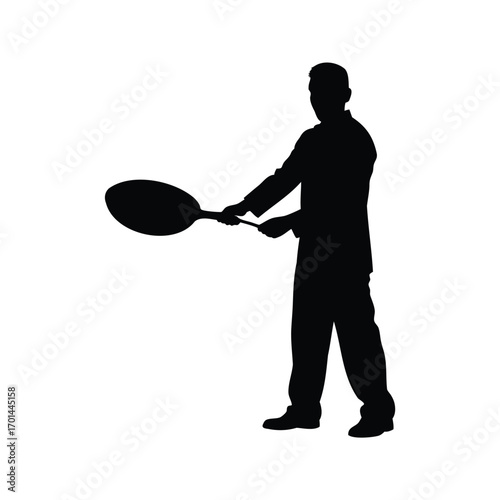 Silhouette of a chef holding a large frying pan with both hands, person holding frying pan silhouette vector illustration