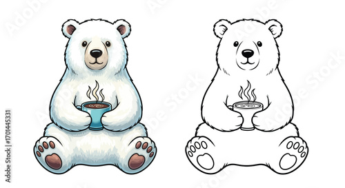 Polar Bear Holding Hot Cocoa Coloring Page for Kids Fun Winter Holiday Seasonal Activity