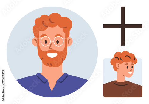 Red-haired man with glasses and beard shown in smiling front and profile views. Ideal for avatar creation, profile display, identity concept, user interface, social media, personalization, simple