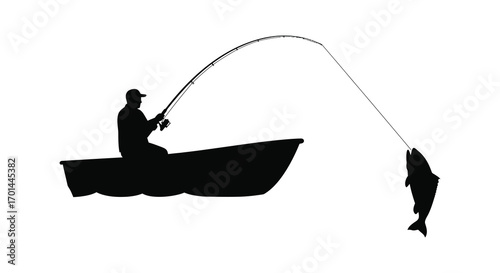 a fisherman in boat reeling in large fish silhouette