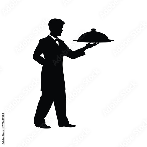 Silhouette of a waiter holding a covered dish against a white background, person serving food silhouette vector illustration
