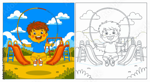 Cheerful young boy enjoys skipping rope outdoors in a vibrant playground, an active and joyful illustration perfect for children's activities and educational projects