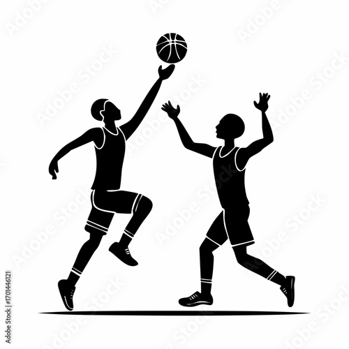 Silhouette in the Air: Two basketball players engage in a dynamic display of skill and competition, captured as an iconic silhouette, perfect for any sports-themed visual.