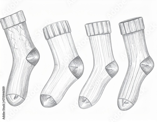 Four Knitted Socks in a Row on a White Background Illustration