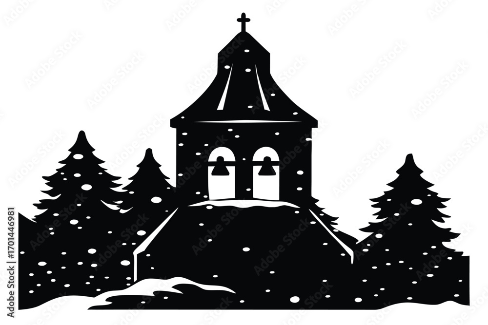 Fototapeta premium snow covered bell tower silhouette vector art icon