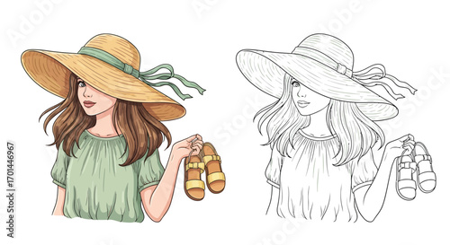 Summer Girl with a Beach Hat Coloring Page Fun Seasonal Fashion and Sunny Days