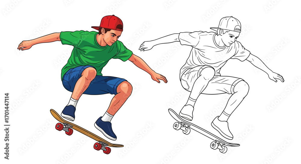 Obraz premium Happy Teen Boy on Skateboard Summer Coloring Page Kids Urban Sport Activity Sheets