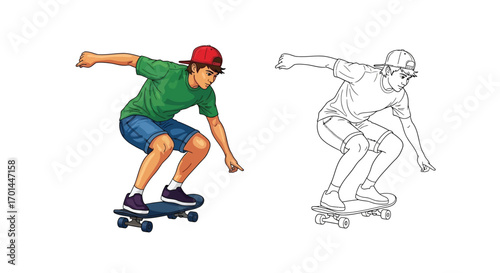 Teen Boy Riding Skateboard Summer Coloring Page Fun Urban Sports and Outdoor Activity
