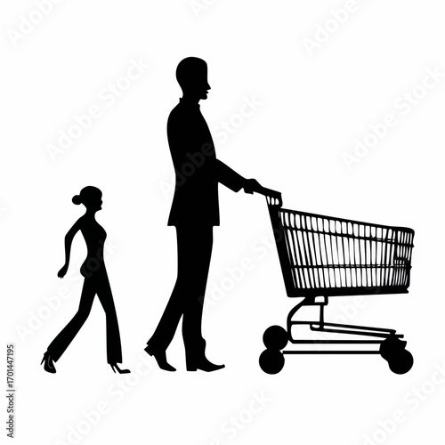 Shopping Together: A minimalist silhouette captures the essence of a shopping trip, a man pushing a cart while a woman walks beside him, perfect for conveying themes of retail and customer experience.