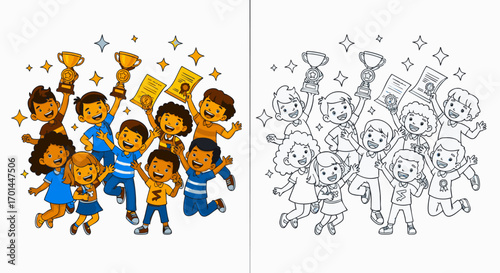 Celebrating Success Joyful Kids Winning Awards Coloring Page