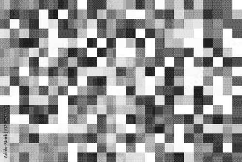 Pixel checkered background. Bitmap game texture. Retro dither abstract vector graphic. Noisy halftone geometric bg with square shapes. Grid mosaic techno monochrome wallpaper