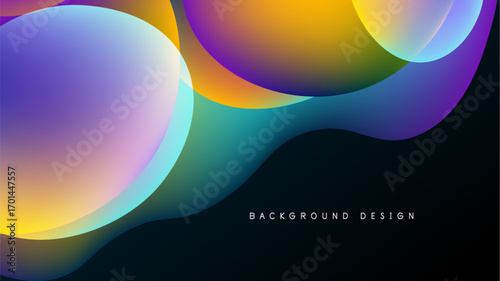 Abstract fluid shapes overlap, creating vibrant color gradients. Yellows, purples, blues blend against black backdrop. Modern design element.