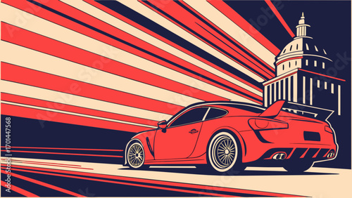 Red sports car with spoiler in front of a building with stripes background design art