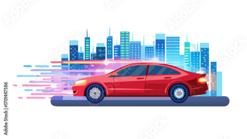 Red car driving fast in urban city landscape transportation auto vehicle travel design