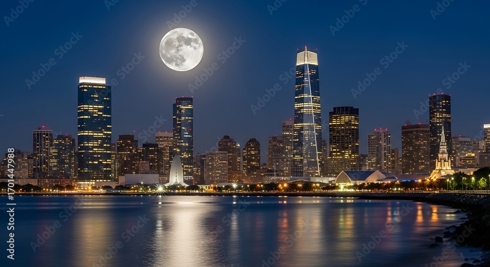 Fototapeta premium Cityscape at Night with Full Moon.