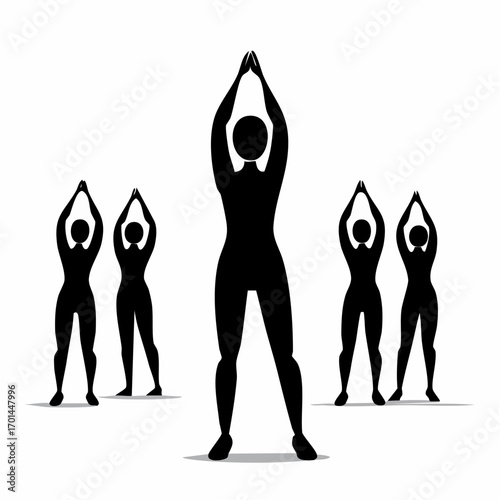 Silhouette Fitness Class: A cohesive group of individuals, rendered in stark silhouettes, gracefully execute a synchronized fitness routine.