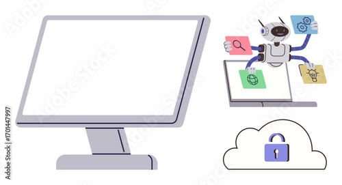 Robot with multiple arms handling search, innovation, and settings tasks on a digital screen near a secured cloud. Ideal for AI, automation, innovation, technology, robotics, cybersecurity workflow