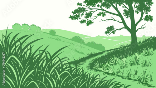 Green landscape illustration with rolling hills, grass, and tree silhouette vector art