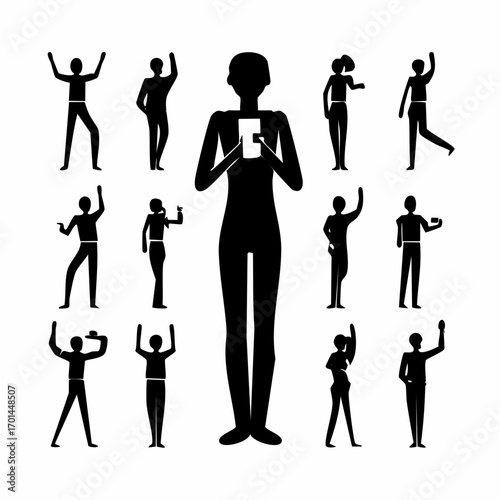 Silhouetted Figure Collection: A compilation of human figures, rendered in solid black silhouette, embodying a spectrum of poses, actions, and interactions.