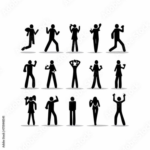 Diverse Human Silhouettes: A collection of stylized silhouette figures representing a variety of human poses and actions, capturing the essence of movement and individuality. 