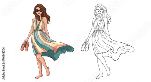 Woman in a Beach Dress Holding Flip Flops Summer Coloring Page for Adults and Teens