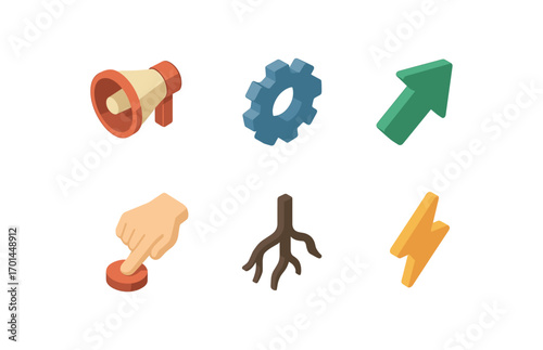 isometric icon items isolated on white background cause gear cog arrow start push hand root spark icon
