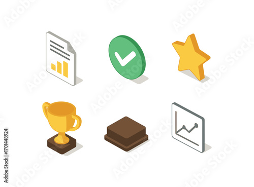 isometric icon items isolated on white background final result report sheet tick icon trophy base outcome line