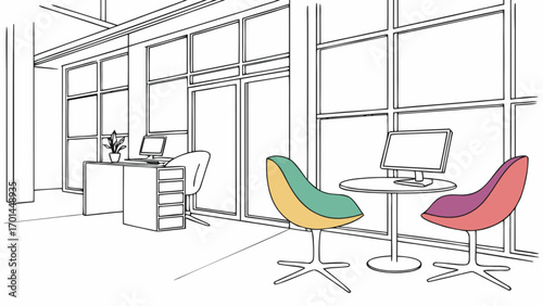 Modern office interior design with desk chair computer table and large windows view