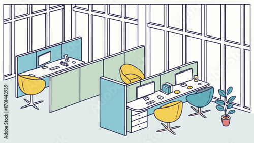 Office cubicles interior design workspace with computer desk chair and window view decor