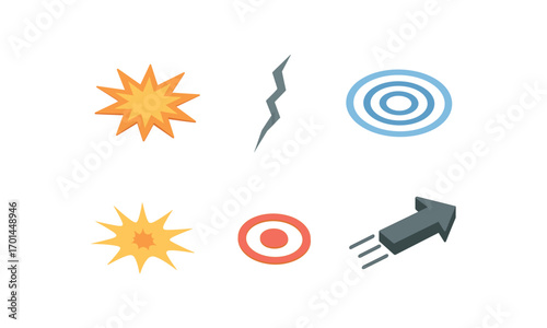 isometric icon items isolated on white background impact burst crack line ripples hit spot arrow force