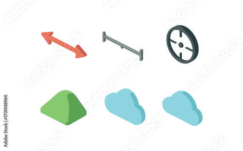 isometric icon items isolated on white background wide range arrow span distance line scope field hill icon cloud edge