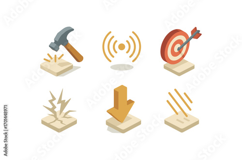 isometric icon items isolated on white background strong impact hammer icon shock waves hit break lines force